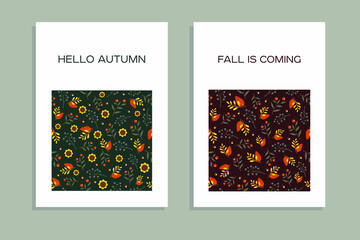 set of two vector autumn greeting cards Hello Autumn and Fall is coming with floral arrangements of autumn leaves, berries, sunflowers and acorns.
