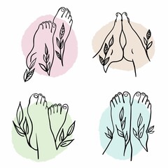 Set of silhouettes of foot feet with leaves