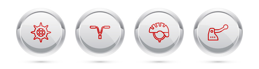 Set line Bicycle sprocket crank, handlebar, helmet and brake. Silver circle button. Vector