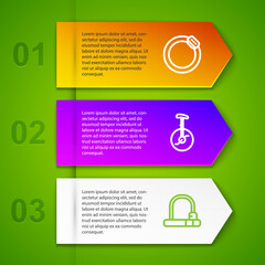 Set line Bicycle brake disc, Unicycle or one wheel bicycle and lock. Business infographic template. Vector