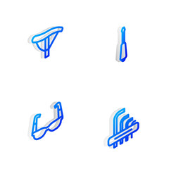 Set Isometric line Screwdriver, Bicycle seat, Sport cycling sunglasses and Tool allen keys icon. Vector