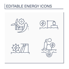 Energy line icons set. P2X, pumped storage, hydroelectric, geothermal power stations. Electricity generation concept. Isolated vector illustration. Editable stroke