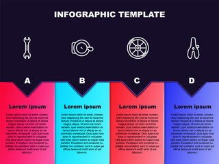 Set line Wrench spanner, Bicycle bell, wheel and seat. Business infographic template. Vector