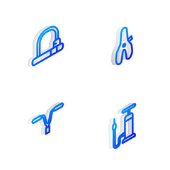 Set Isometric line Bicycle seat, lock, handlebar and air pump icon. Vector