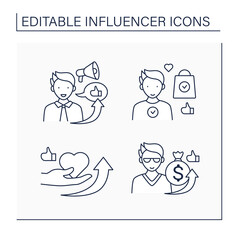 Influencer line icons set. Influencer sponsorship, outreach, ambassador, marketing. Blogging concept. Isolated vector illustration. Editable stroke