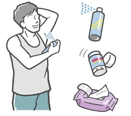腋臭対策に制汗剤を使う若い男性