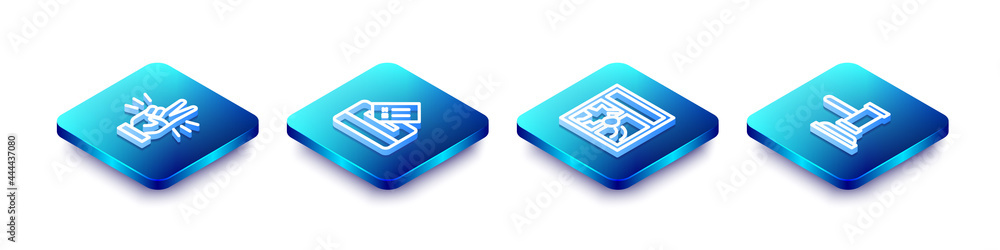 Poster set isometric line hand showing two finger, vote box, broken window and judge gavel icon. vector
