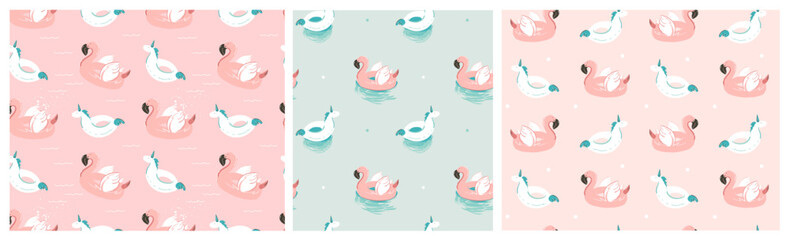Hand drawn vector abstract stock graphic summer cartoon,minimalistic contemporary illustration seamless pattern set collection with inflatable unicorn and flamingo floats isolated on white background.