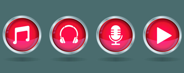 music play button, microphone, headphone, sounds icon red button vector icon set