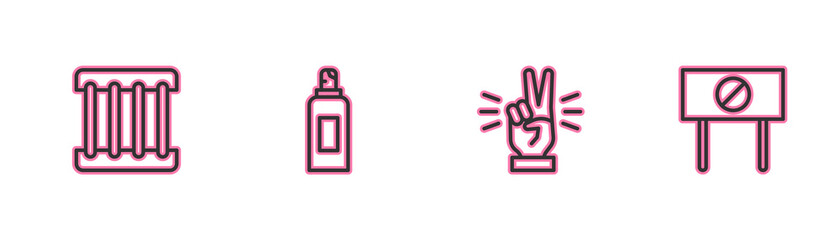 Set line Prison window, Hand showing two finger, Paint spray can and Protest icon. Vector