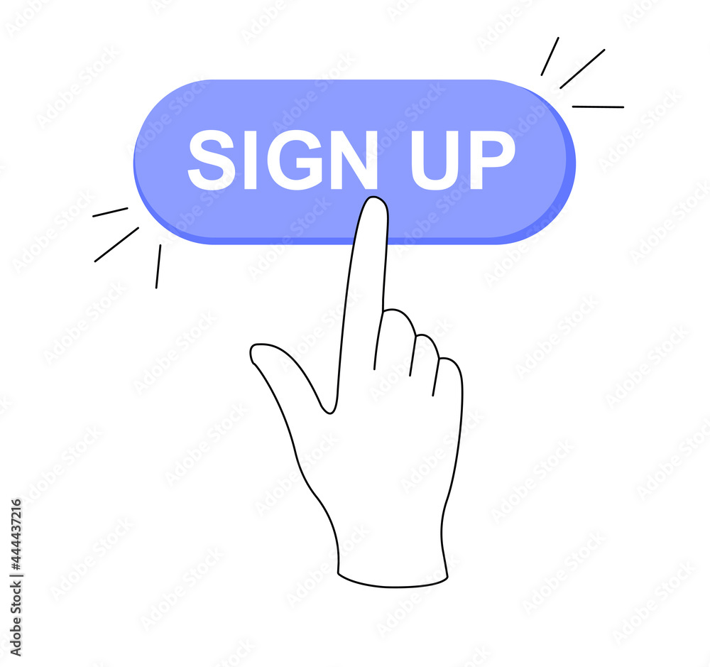 Poster sticker of online sign up button click on white background. click on the registration button. hand p
