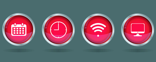 vector icon for clock, Wi-Fi, desktop calendar, red button web icon set