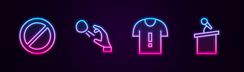 Set line Ban, Hooligan shooting stones, T-shirt protest and Stage stand or tribune. Glowing neon icon. Vector