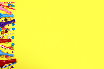 Festive background with birthday decor. Candles, balloons and confetti