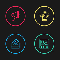 Set line Vote box, Television report, Hand showing two finger and Megaphone icon. Vector