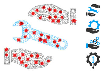 Polygonal service in lockdown style. Polygonal carcass service image in lowpoly style with combined lines and red infection centers. Vector model is created from service with infection centers.