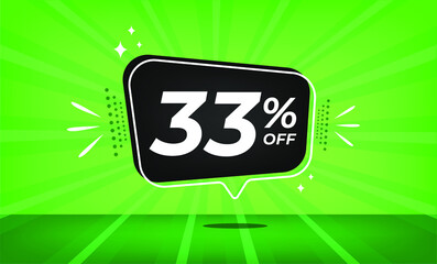 33% off. Green banner with thirty-three percent discount on a black balloon for mega big sales.