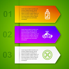 Set line Pepper spray, Police car and flasher and X Mark, Cross in circle. Business infographic template. Vector