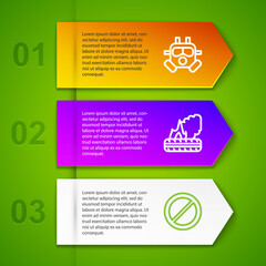 Set line Gas mask, Lying burning tires and Ban. Business infographic template. Vector