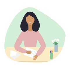 Fototapeta na wymiar A happy young woman is sitting at a table with flowers, a letter envelope, a piece of paper and writing a letter. Isolated vector illustration with a girl who composes a greeting.