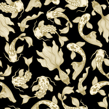 Japanese Koi Fish Vector Seamless Pattern on Black for Fabric Textile Printing