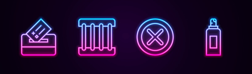 Set line Vote box, Prison window, X Mark, Cross circle and Paint spray can. Glowing neon icon. Vector