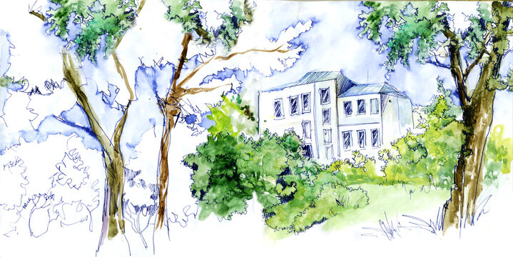 Watercolor sketch of a park and a house on the horizon