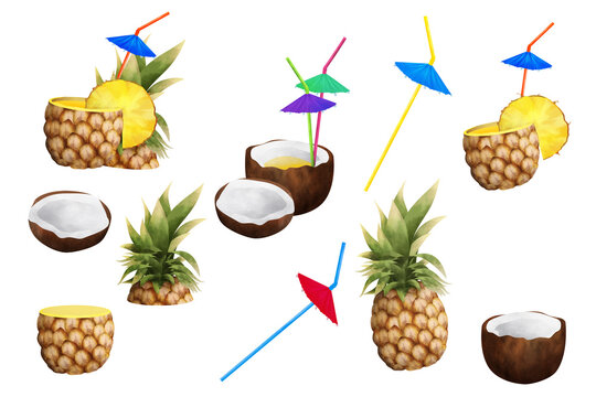Bright coconut and pineapple beach cocktails. Clip art set on white background