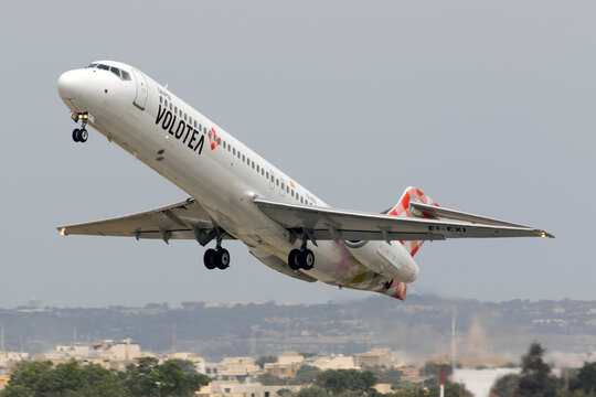 Luqa, Malta May 28, 2016: Volotea Boeing 717-2BL [EI-EXI] departing runway 13. The Boeing 717 is a DC-9/MD-80 derivative after MDD was acquired by Boeing.