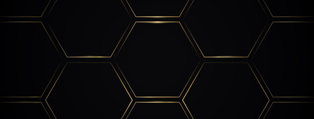 Abstract Golden lines hexagon geometric pattern with a black background. Futuristic technology digital hi tech and luxury concept. Vector illustration