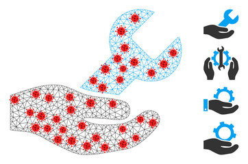 Net repair service with outbreak style. Polygonal wireframe repair service image in low poly style with structured lines and red coronavirus nodes.