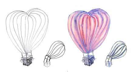 Black and white sketches of balloon and colorful picture of air ballon, hot air balloon festival, valentine's day