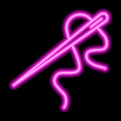 Sewing needle and cotton in pink neon style on a black background