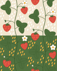 two variants of seamless patterns with strawberry leaves and flowers on a branch
