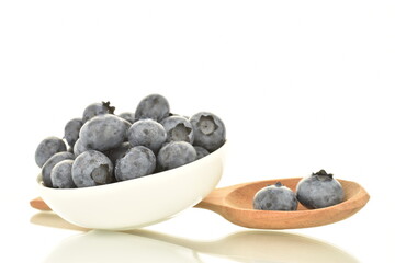 Several berries of ripe dark purple blueberries in a white ceramic bowl with a wooden spoon, close-up, isolated on white.