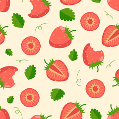 Strawberry seamless pattern with leaves on a beige background. For textiles, home decor, baby clothes, printing, digital paper. Vector illustration.