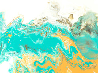 Turquoise and yellow abstract creative  hand painted background, fluid art, marble texture, abstract ocean, acrylic painting on canvas