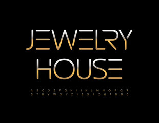 Vector elite logo Jewelry House with metallic Gold Alphabet Letters and Numbers set. Exclusive luxury Font