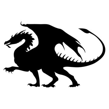 Silhouette of dragon. Black vector lizard. A dangerous dragon with steep wings.