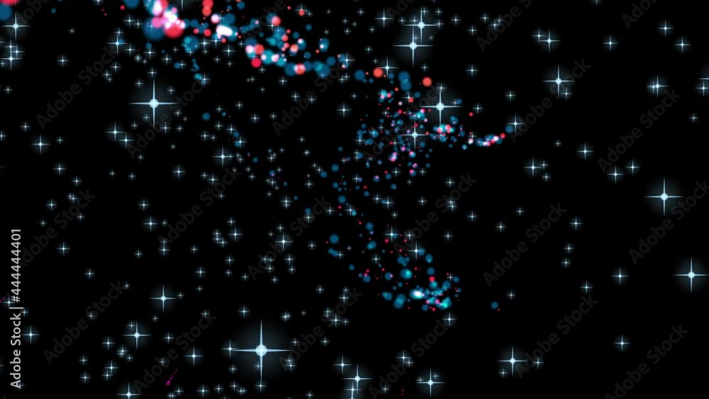 Poster abstract fireworks of flying multicolored particles against the background of stars in galactic spac
