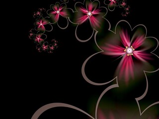 Fractal image with flowers on dark background.Template with place for inserting your text.Multicolor flowers. Fractal art as background.