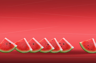 Watermelon. A composition of sliced watermelon slices on a colored background, a banner, a postcard.