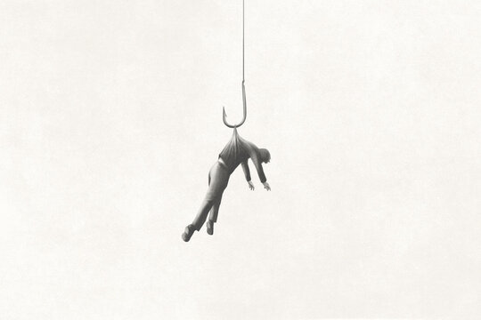 Illustration of human bait hanging on a hook, surreal abstract concept