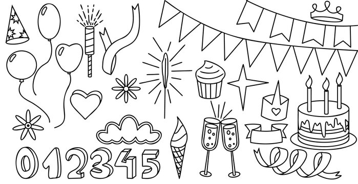 Party items set isolated vector illustration. Gift, balloons, sweet cupcakes and celebration cake.