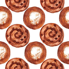 Seamless watercolor pattern of bakery products. Watercolor illustration in 800 dpi.
