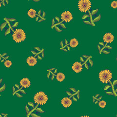 Summer season seamless pattern with random orange contoured sunflower elements. Green background.
