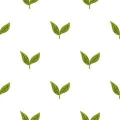 Decorative seamless pattern with isolated little green leaves elements. Foliage minimalistic backdrop.