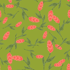 Random decorative seamless pattern with pink ear of wheat elements print. Green background. Plants print.