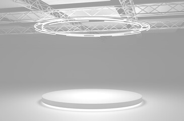 White stage podium with lights. Round pedestal, luminous empty platform on floor. 3d illustration