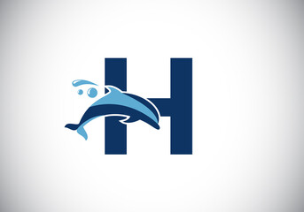 Initial H monogram letter alphabet with a Dolphin logo design. Water Animal icon. Font emblem. Modern vector logotype for business and company identity.